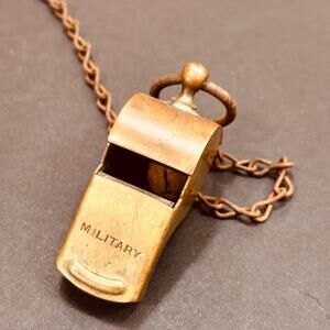 Vintage Brass Military Pea Whistle w Chain Made USA Signal Referee Scout